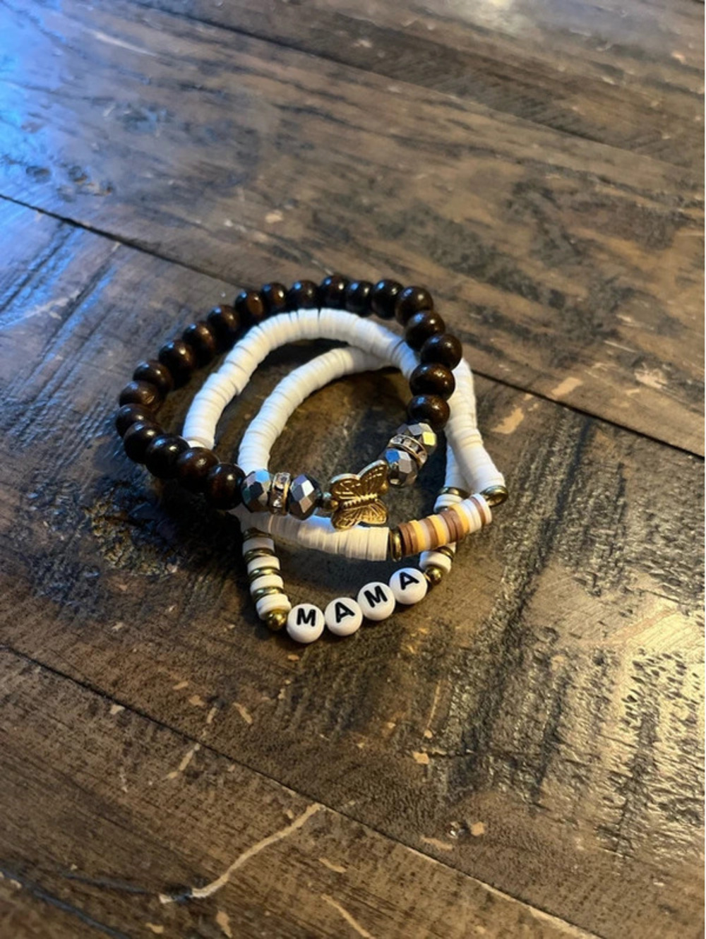 Boho MAMA Beaded Bracelet Stack wooden Butterfly Accent (Set of 3)